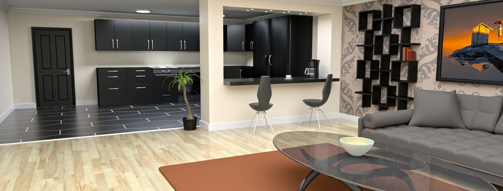 Interior de apartamento moderno: cocina, sala de estar, gabinetes negros, sofá gris, mesa de vidrio, arte, estantes de pared decorativos, piso de madera. Modern apartment interior: kitchen, living room, black cabinets, grey sofa, glass table, art, decorative wall shelves, wooden floor.