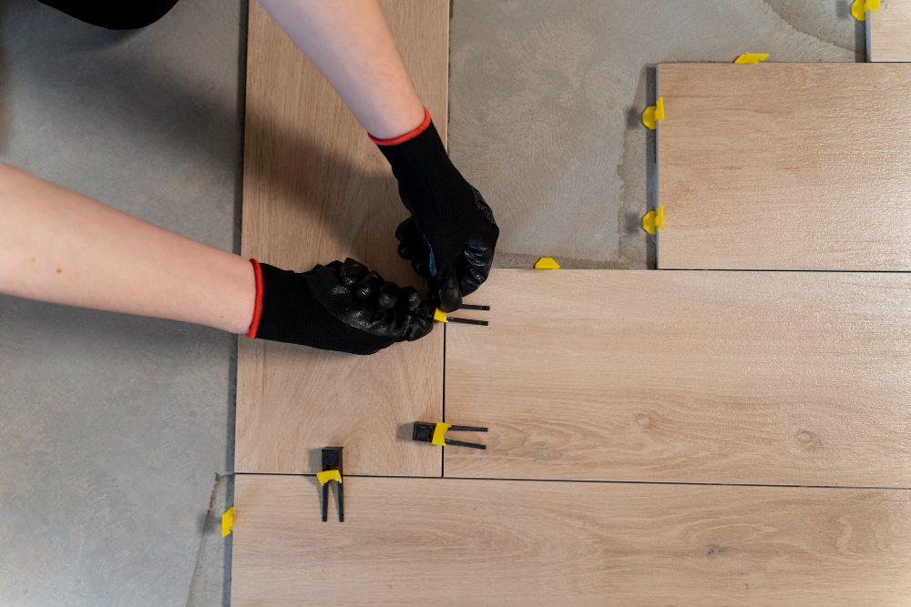 Person installing wood-look tiles with gloves using tile leveling clips. Flooring or tiling project in progress.