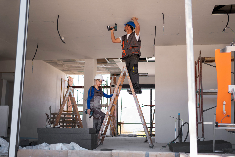a man and woman on a ladder