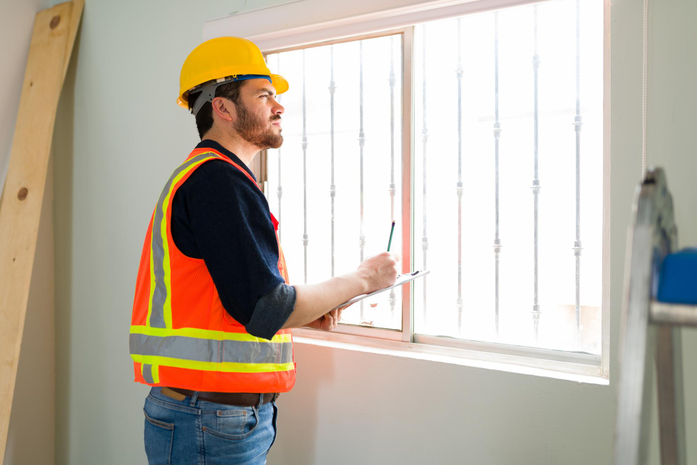 Construction worker in safety vest inspecting a window for renovations with a clipboard and pencil.
